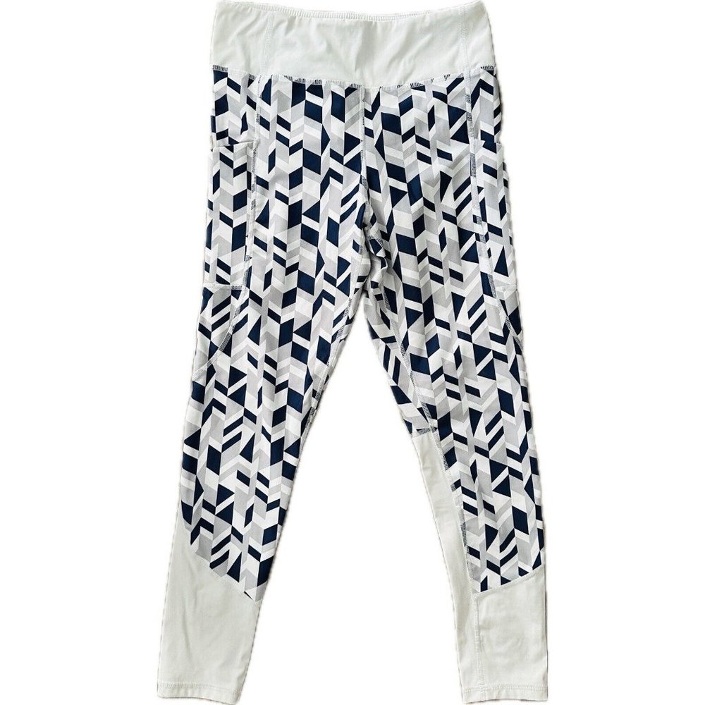 Zuala Athletic Vitality Exercise Leggings White Blue Geometric Pockets Size M